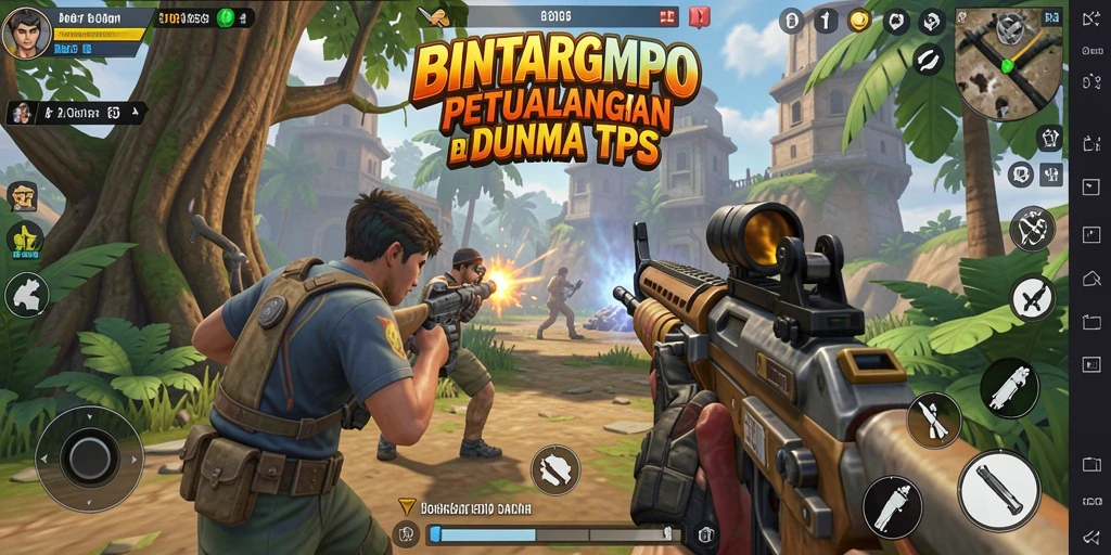 Screenshot gameplay BINTANGMPO menampilkan aksi menegangkan dalam pertempuran TPS.
