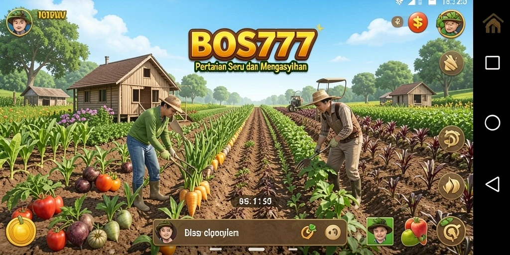 Tampilan gameplay BOS777 dengan lahan pertanian yang subur dan aktivitas bertani.