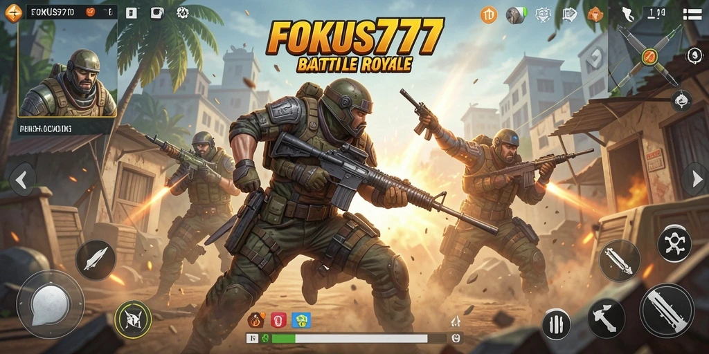 Screenshot gameplay FOKUS777 menampilkan pertempuran epik dalam arena Battle Royale.