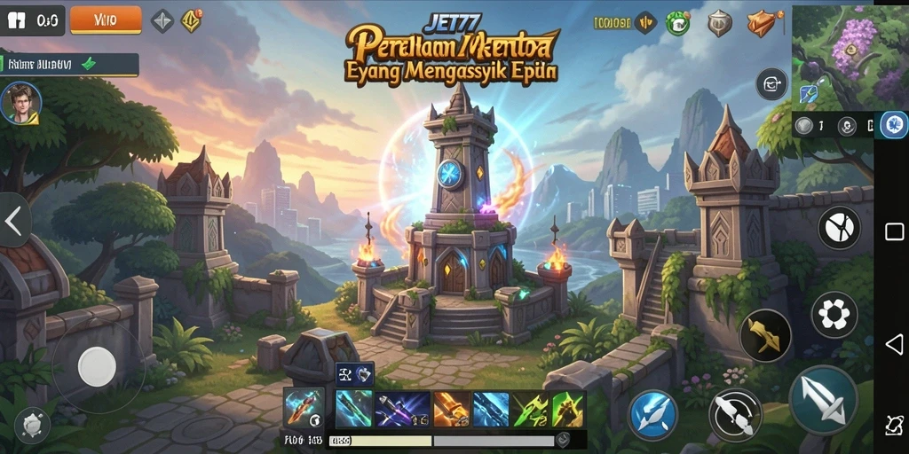 Screenshot gameplay JET77 menampilkan menara dan gelombang musuh.