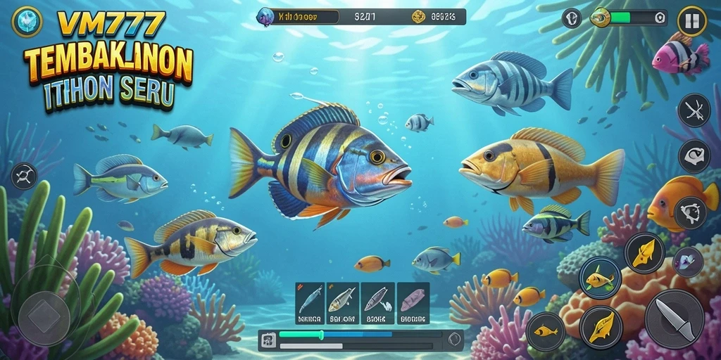 Screenshot gameplay VM777 menampilkan aksi seru menangkap ikan berwarna-warni.